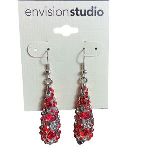 NWT Envision Studio Red & Silver Rhinestone Drop Earrings ❤️✨!